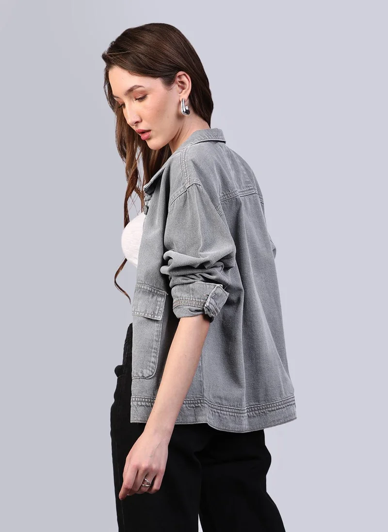 Urbano Fashion  Urbano Fashion Women's Ice Grey Relaxed Fit Full Sleeve Utility Denim Jacket for Women | Best Price UAE
